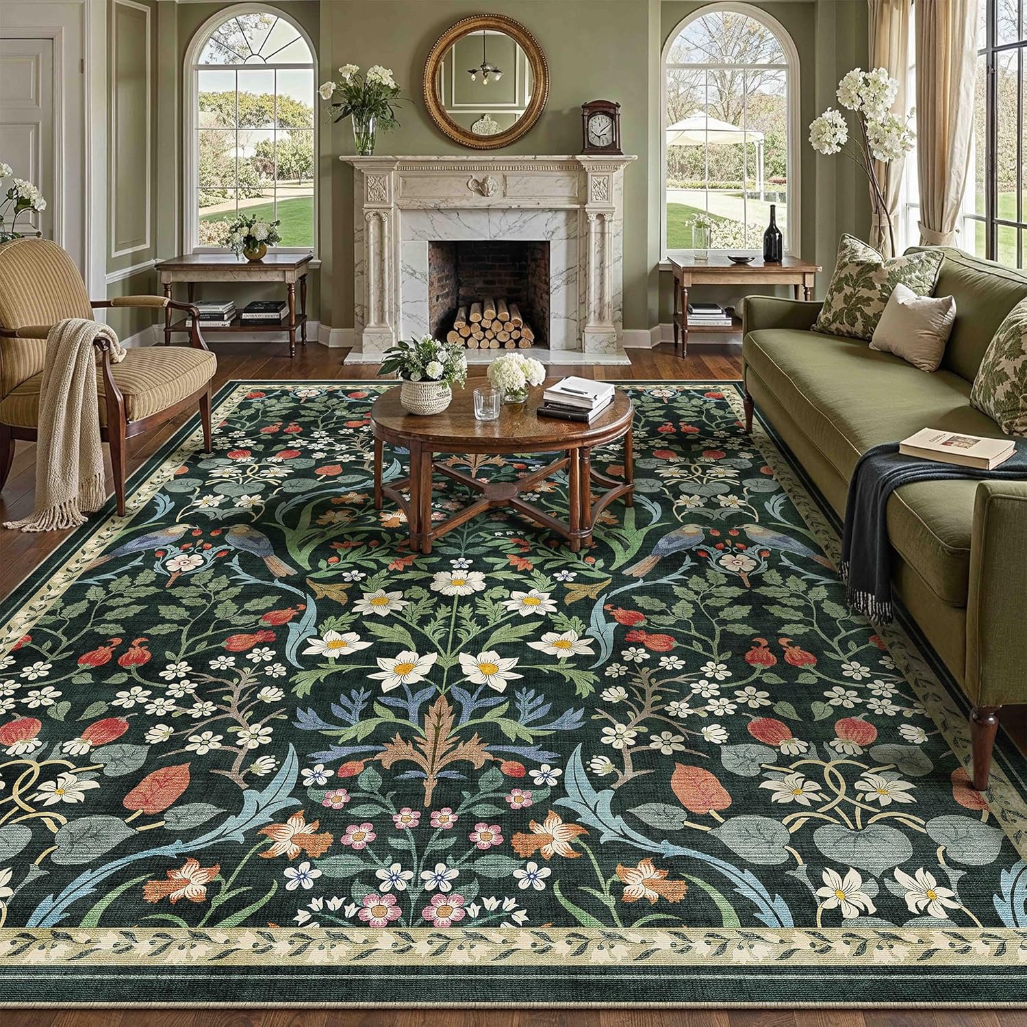 8x10 Washable Dark Green Floral Area Rug for Living Room