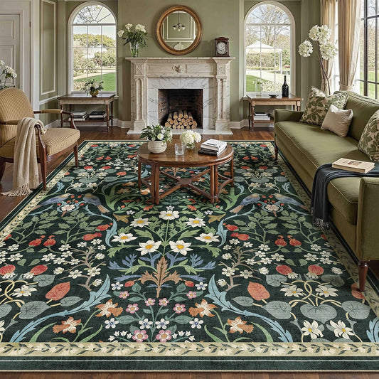 8x10 Washable Dark Green Floral Area Rug for Living Room