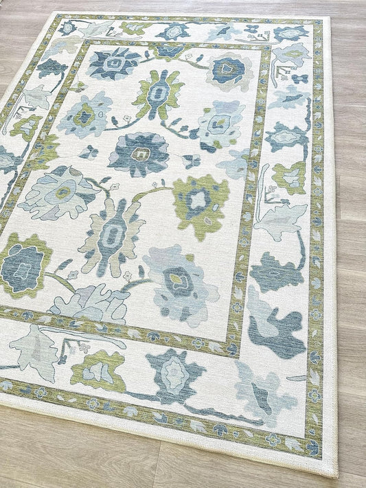 Green Oushak Rug - Modern Vintage Floral Area Rug for Home