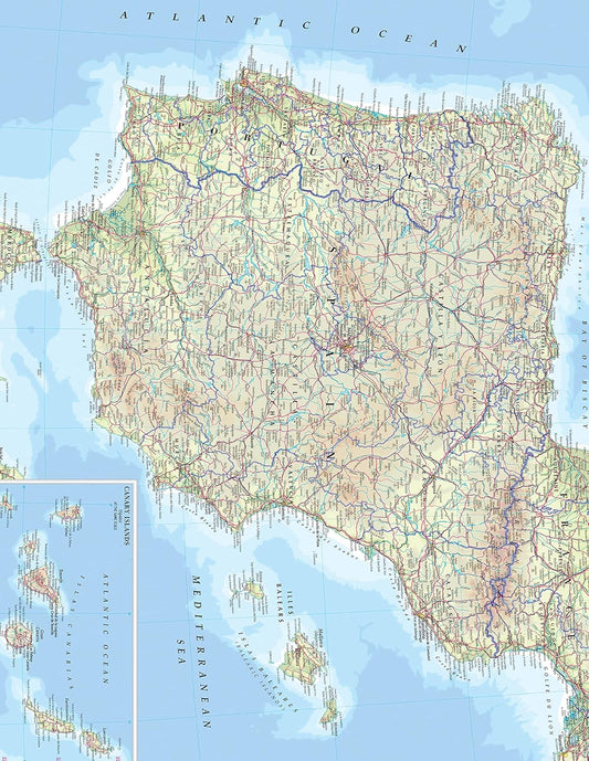 Spain & Portugal Map: Detailed Cities & Airports - 24x31 Laminated