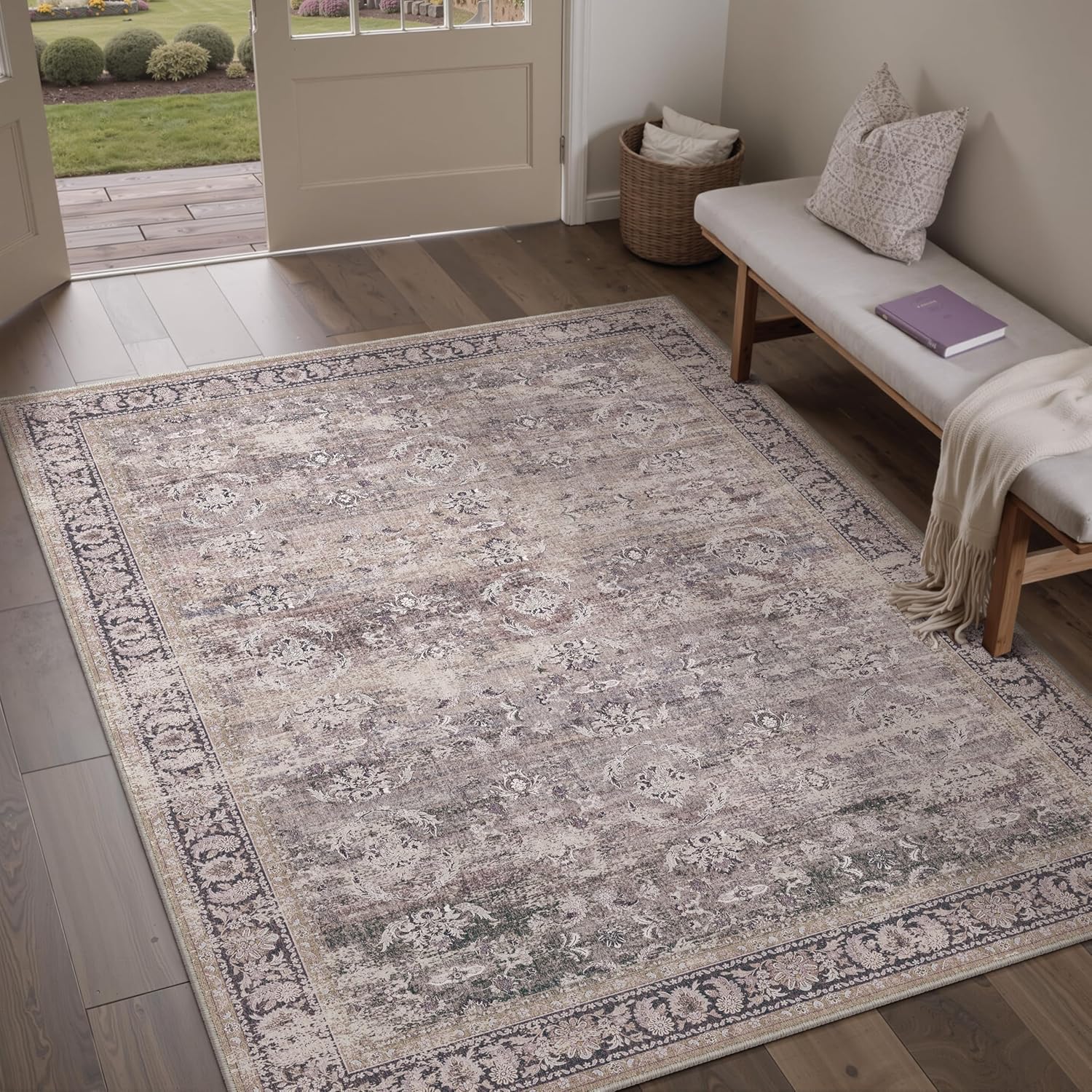 5x7 Purple Area Rug for Living Room Vintage Distressed Style