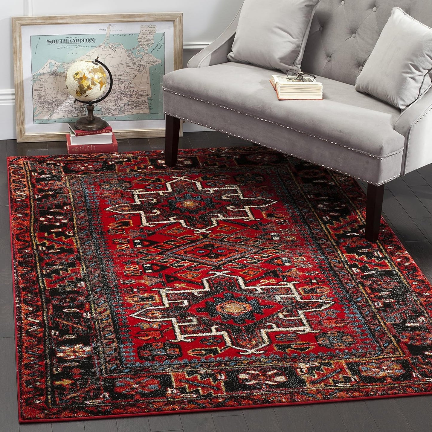 Vintage Hamadan Collection Area Rug - 4ft Square, Red & Multi