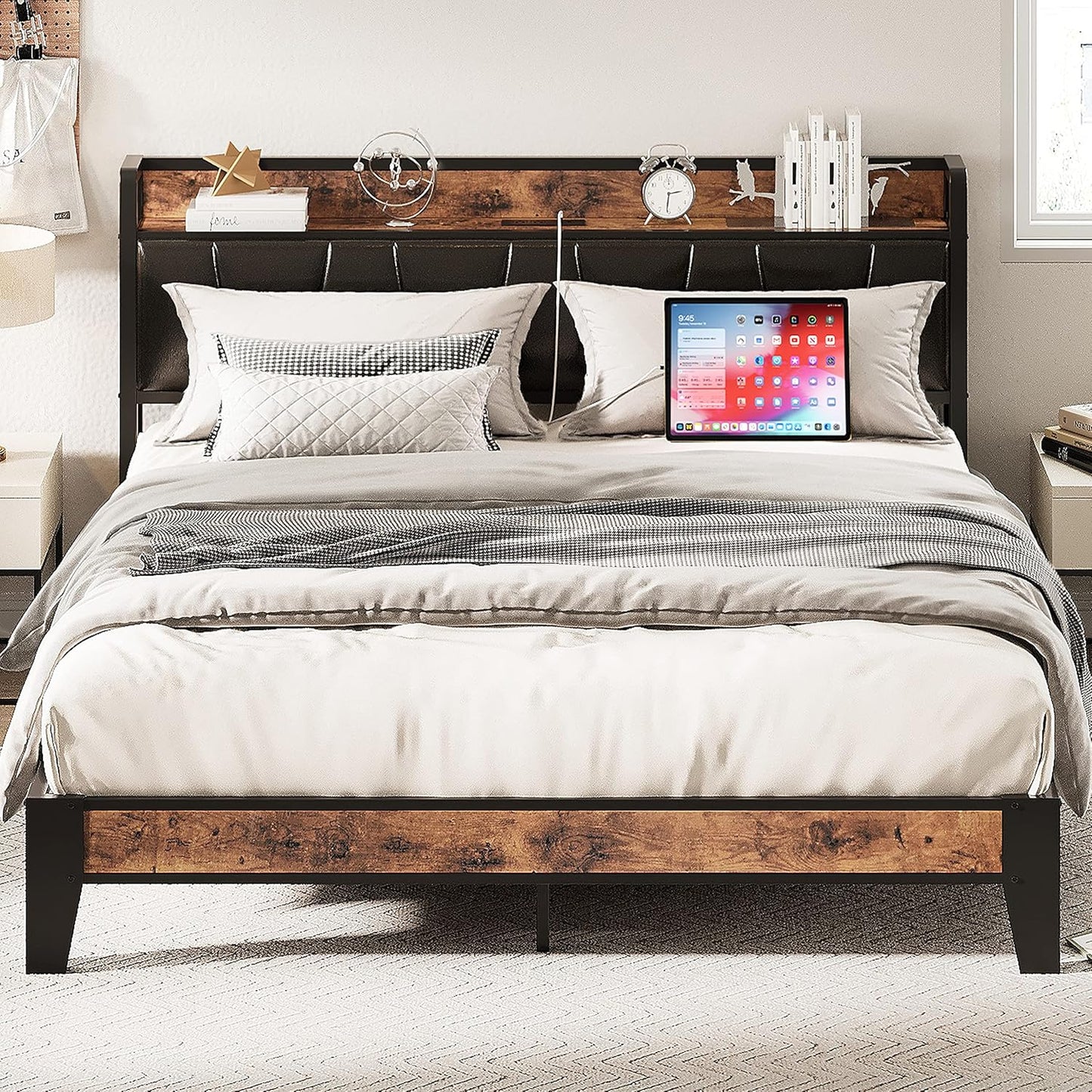 LIKIMIO Queen Bed Frame with Storage Headboard and Charging Station