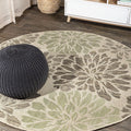 8 Ft Round Sage/Brown Floral Indoor Outdoor Rug - Durable Flatweave