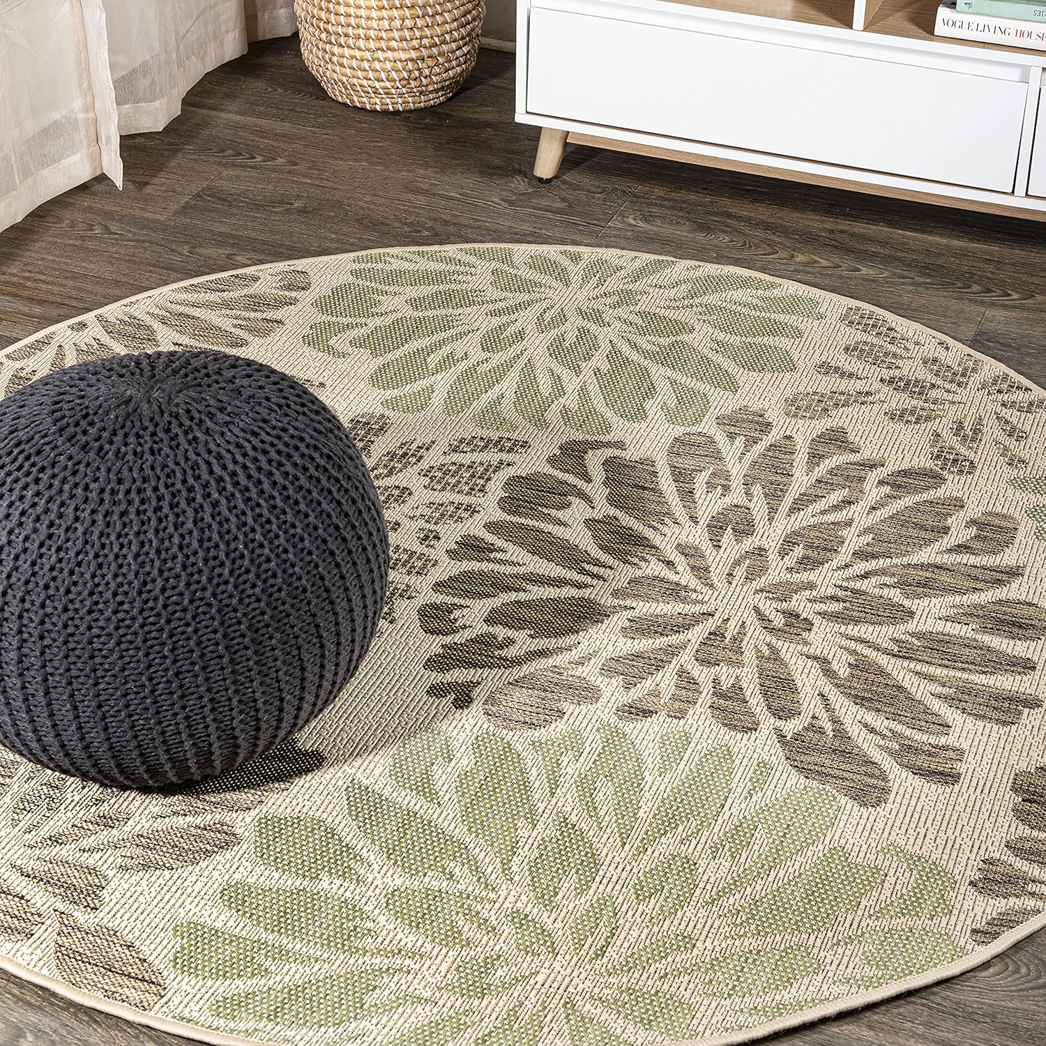 Floral Textured Weave Indoor Outdoor Round Area Rug 8 Ft Sage/Brown
