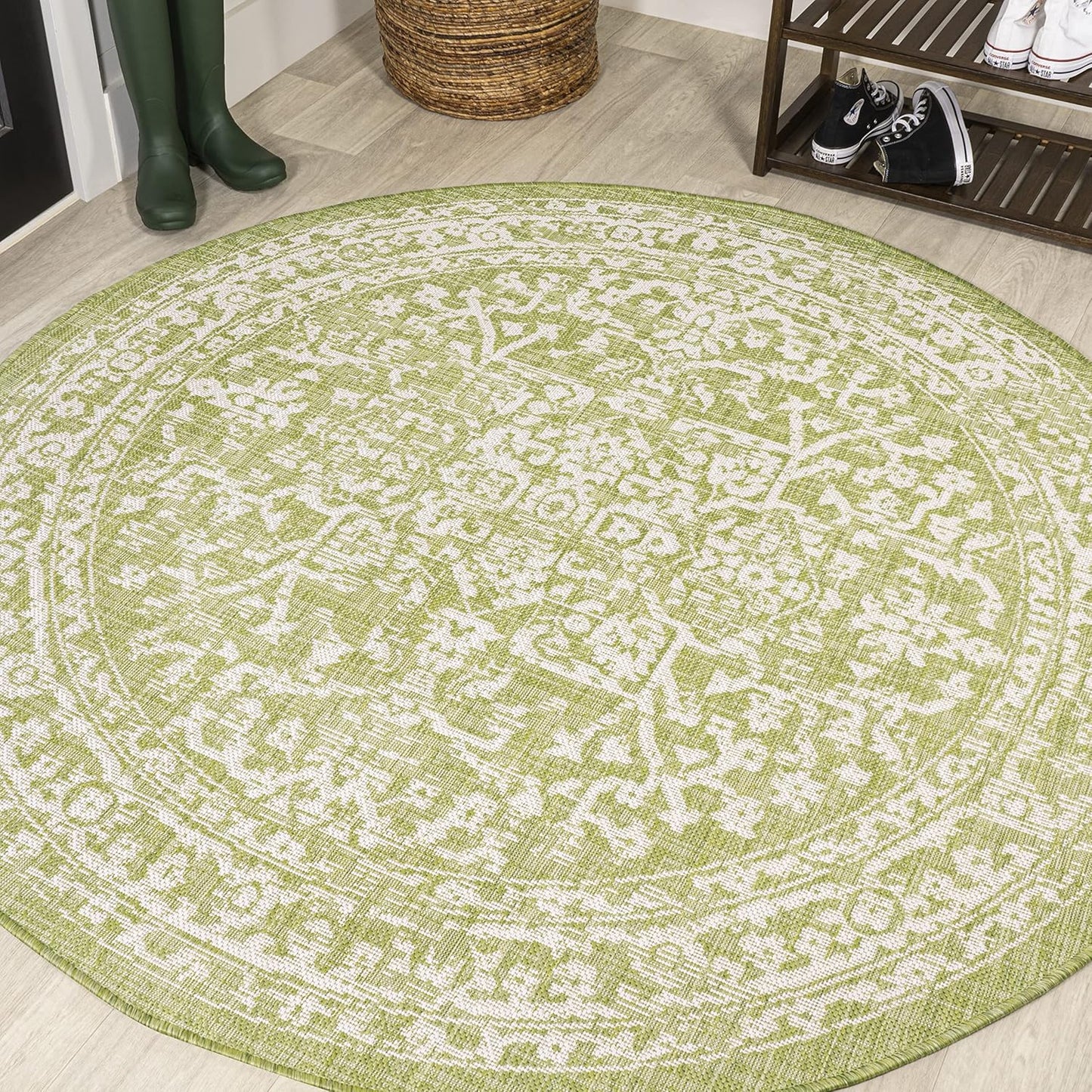 Boho Medallion Indoor Outdoor Round Area Rug 5 Ft Green Cream
