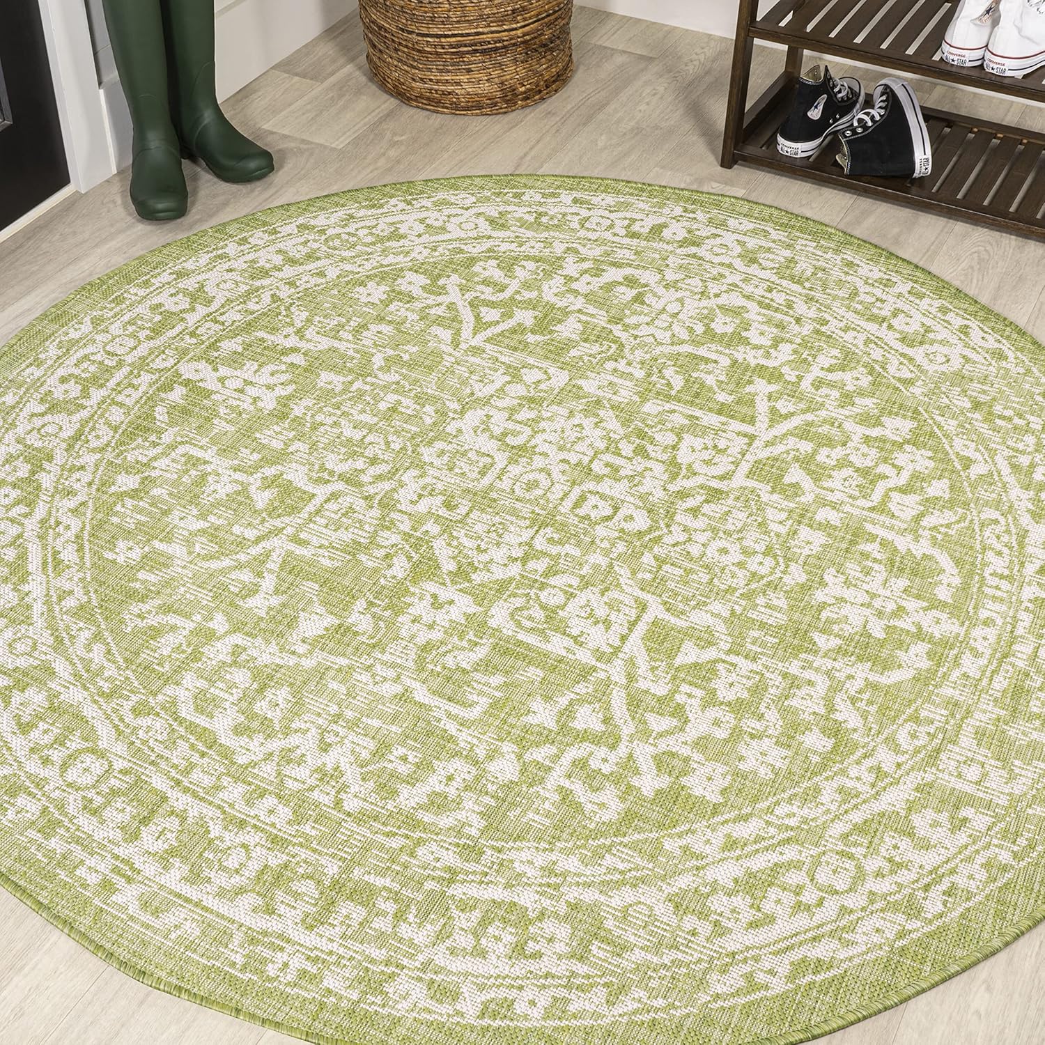 Boho Medallion Indoor Outdoor Round Area Rug 5 Ft Green Cream