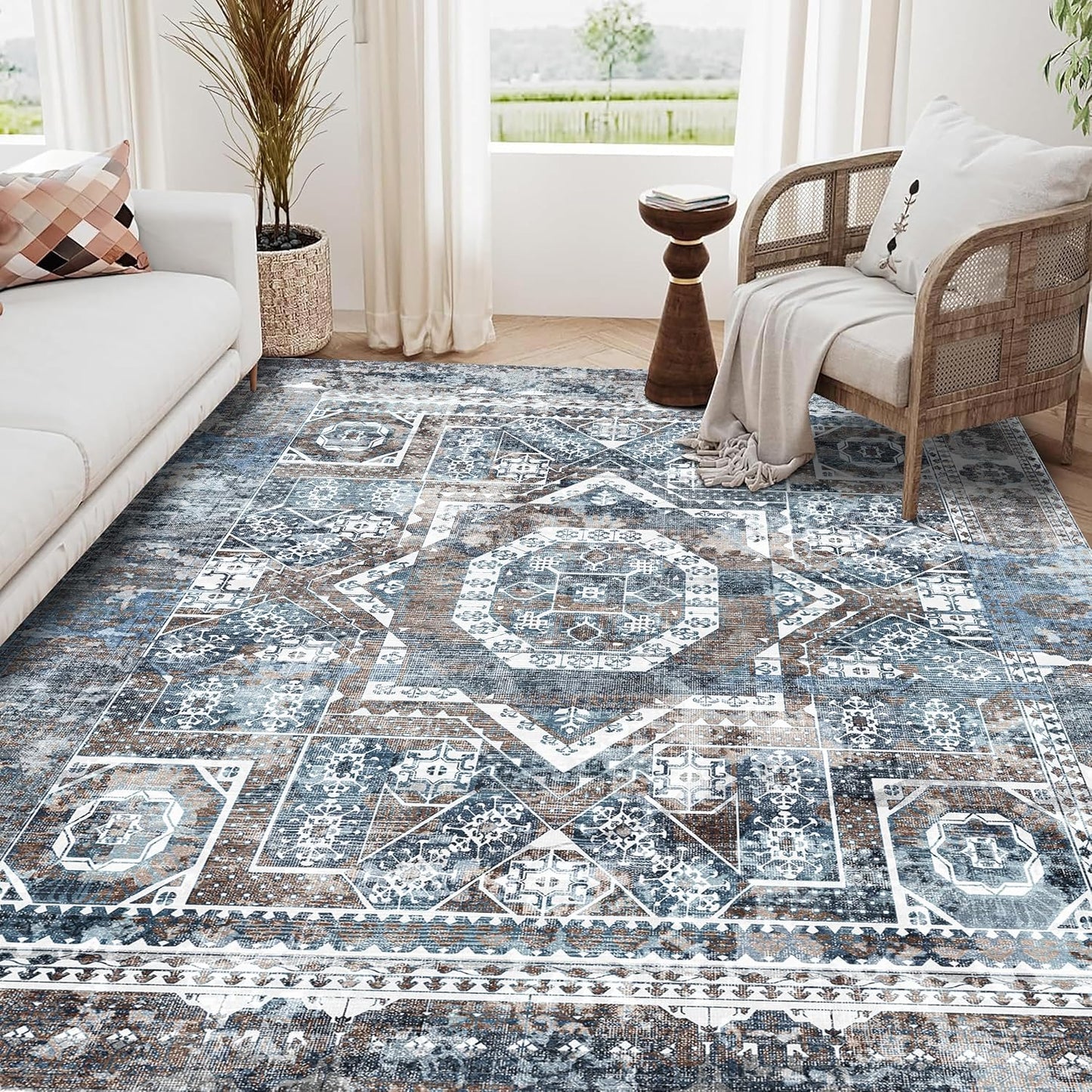 Vintage Navy Blue Boho Rug 5x7 ft: Stain Resistant, Non-Slip