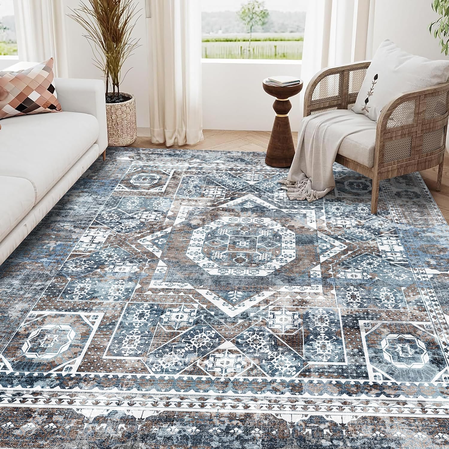 Vintage Navy Blue Boho Rug 5x7 ft: Stain Resistant, Non-Slip