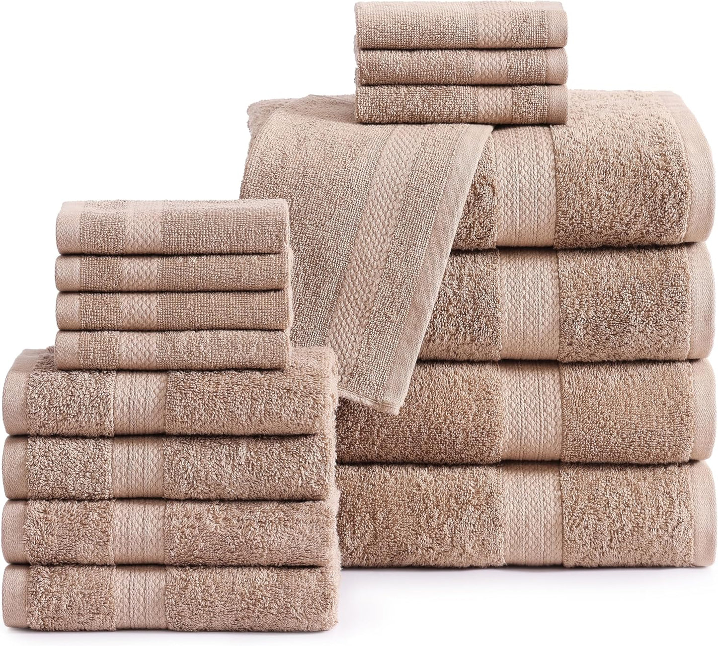 100% Mercerized Cotton Bathroom Towel Set - 16 Pieces, Taupe