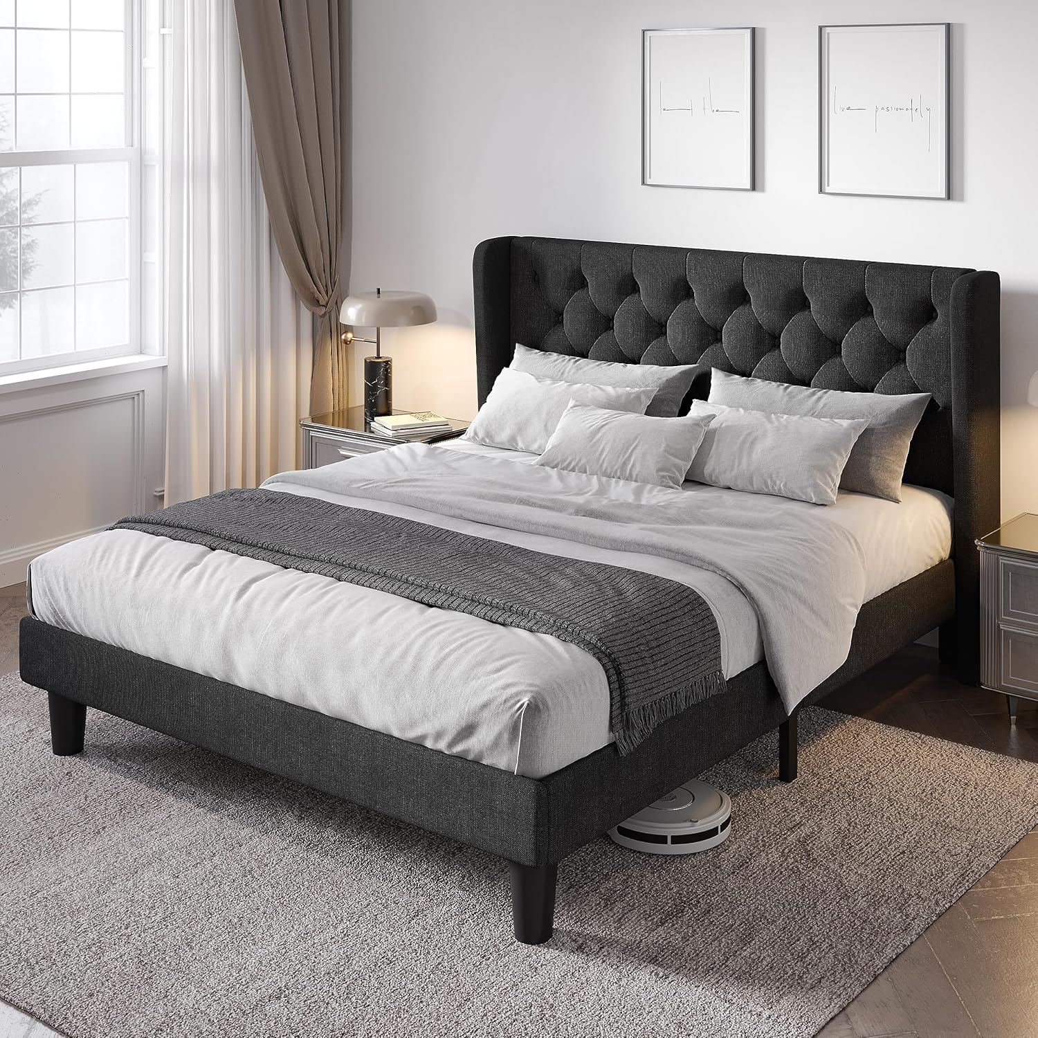 Allewie Full Size Bed Frame with Wingback Headboard for Comfort