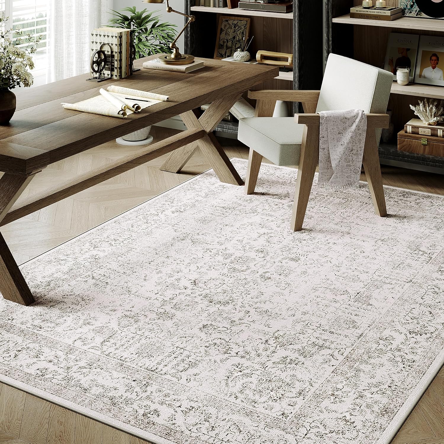 Gray Area Rug 4x5 for Office Entryway Vintage Distressed Style