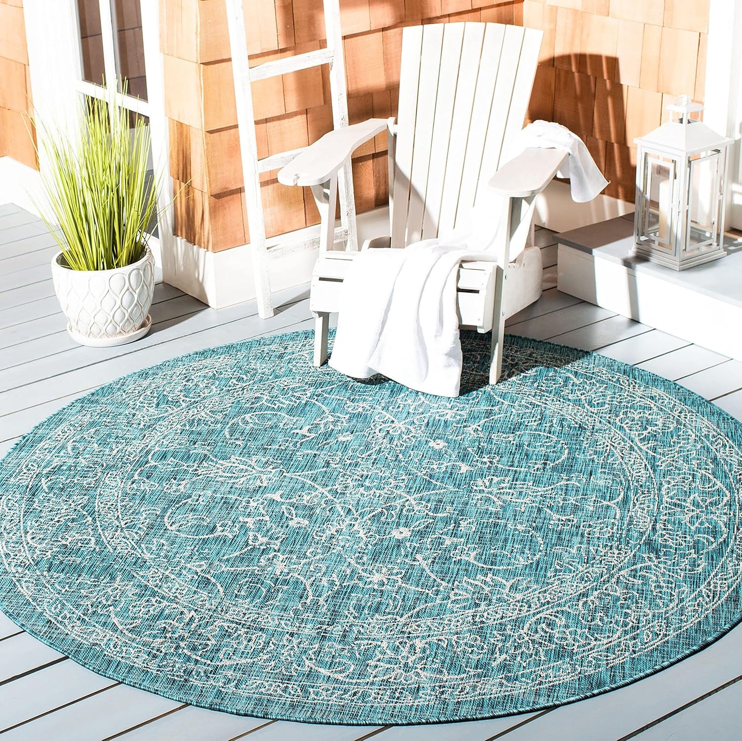 SAFAVIEH Courtyard Collection 4ft Round Turquoise Area Rug