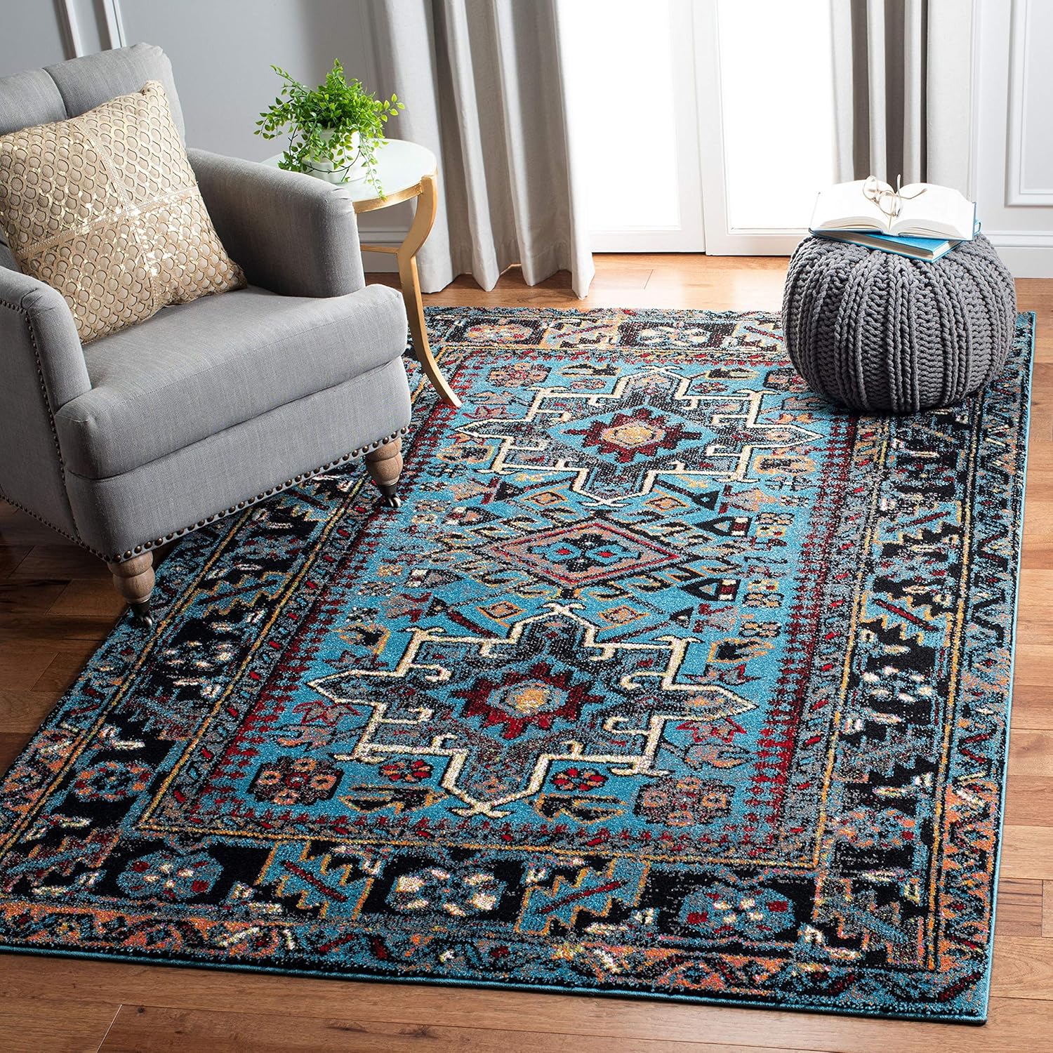 Vintage Hamadan Collection Accent Rug - Light Blue & Black