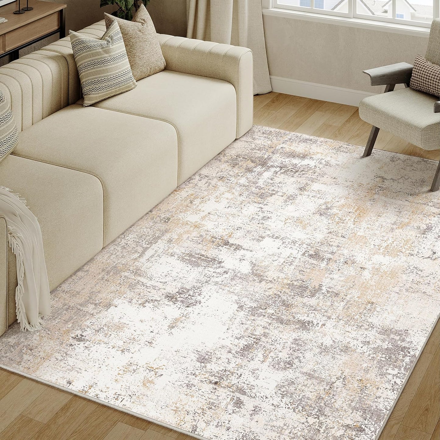 4x6 Washable Area Rug in Beige Grey Abstract Design for Home