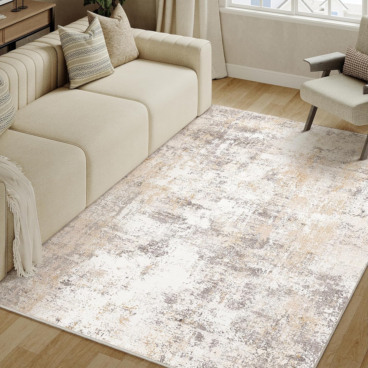 4x6 Washable Area Rug in Beige Grey Abstract Design for Home