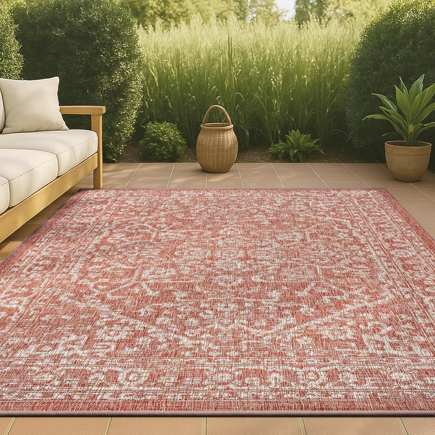 Boho Medallion Indoor Outdoor Area Rug 5X8 Red/Taupe for All Spaces