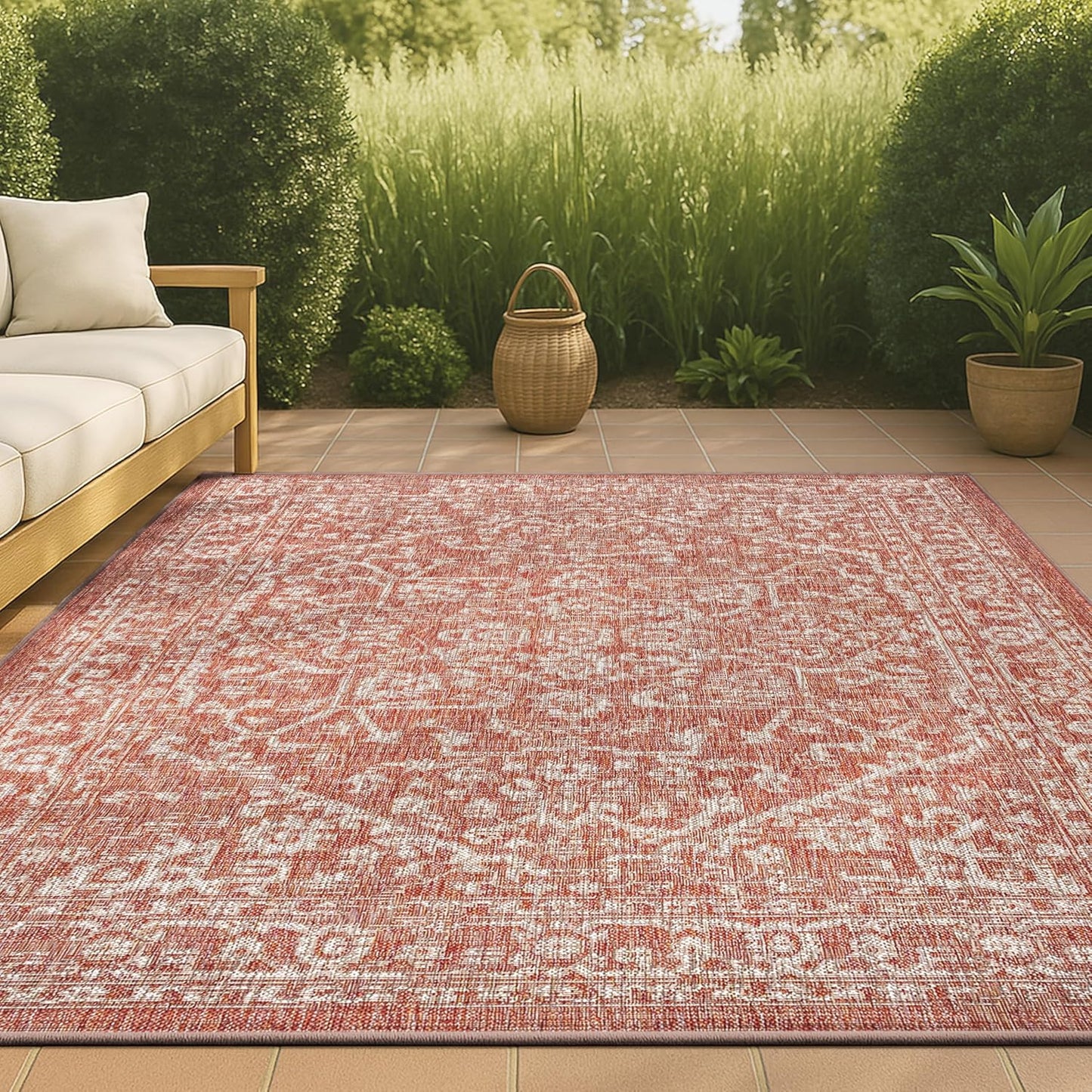 Boho Medallion Indoor Outdoor Area Rug 8X10 Red/Taupe for All