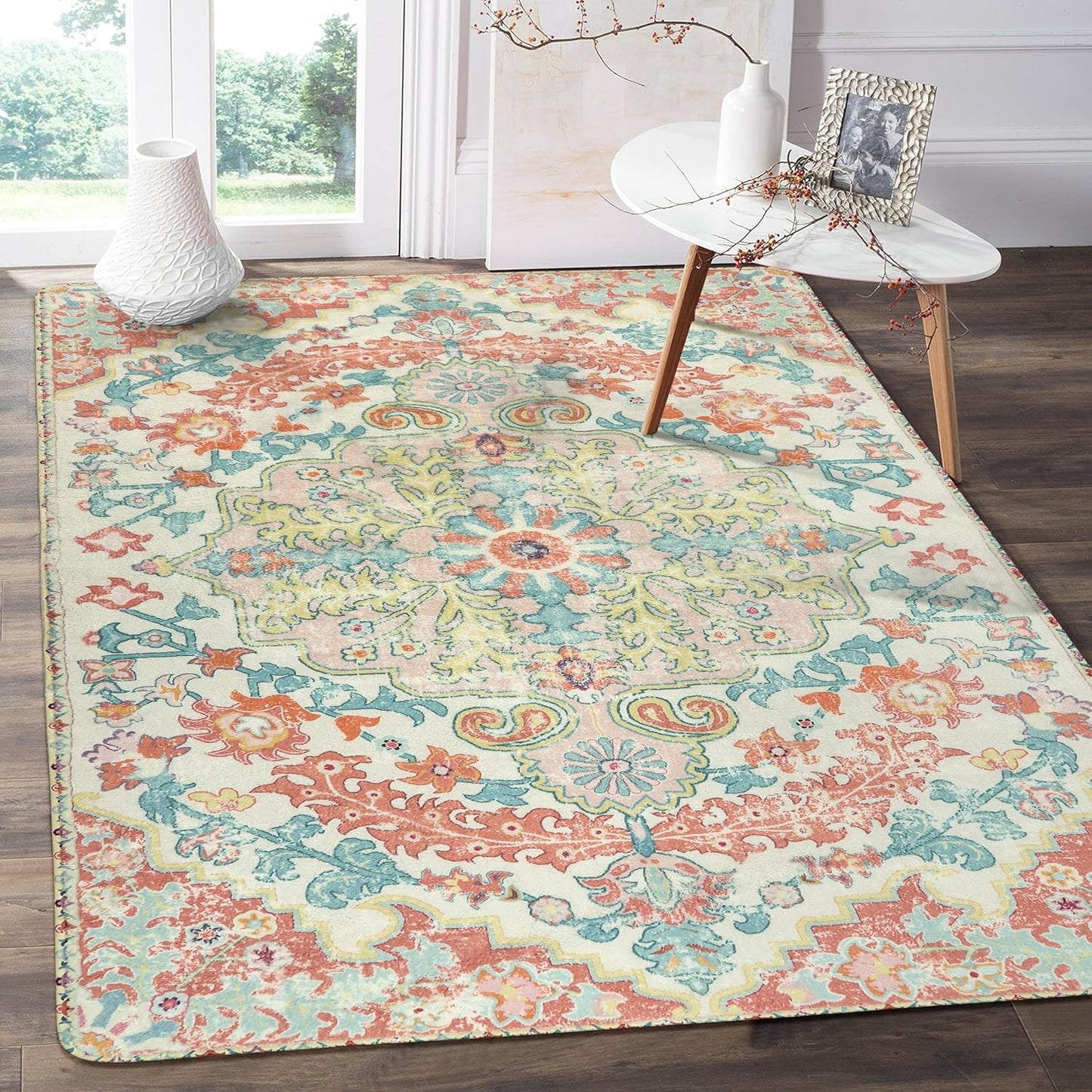 Lahome Bohemian Floral Medallion Area Rug - Soft 3x5 Pink Mat