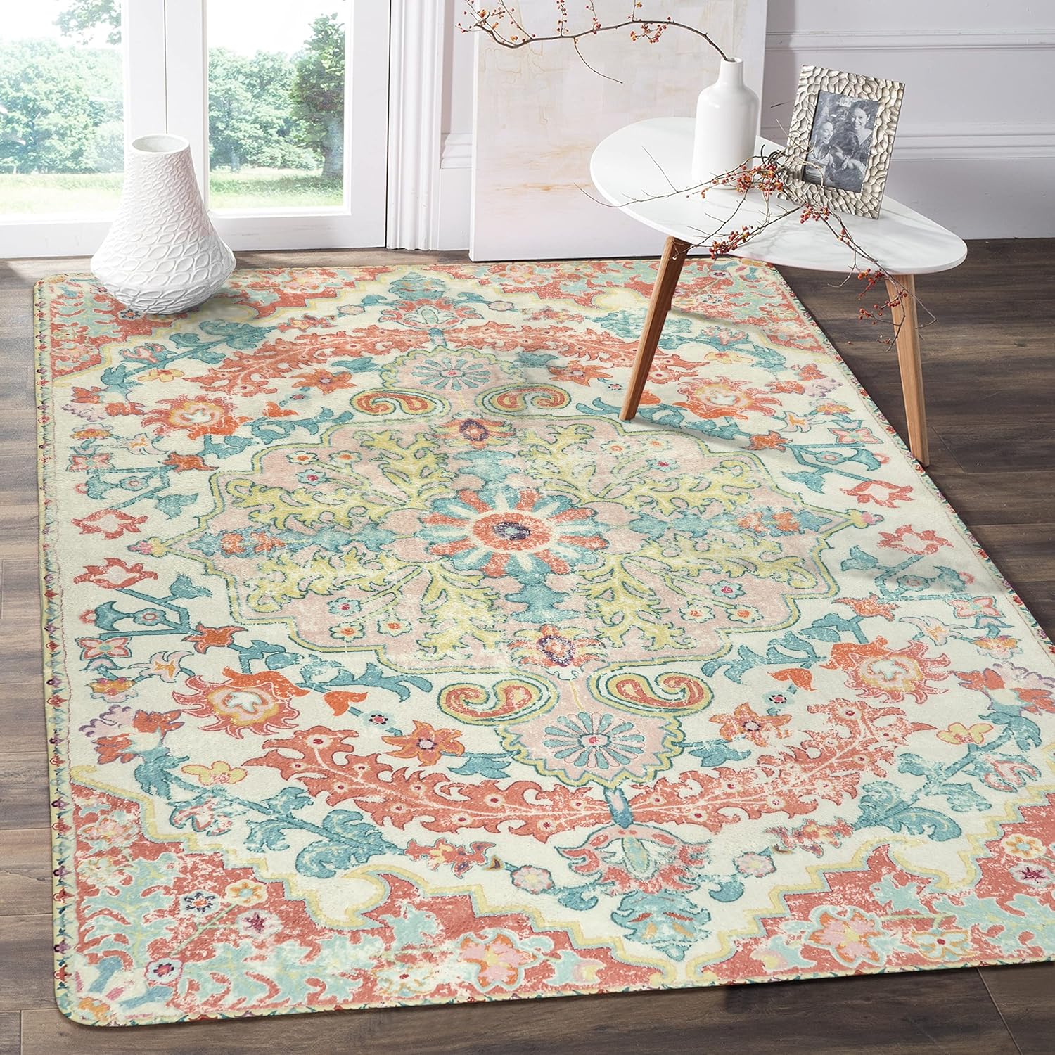 Lahome Bohemian Floral Medallion Area Rug - Soft 3x5 Pink Mat
