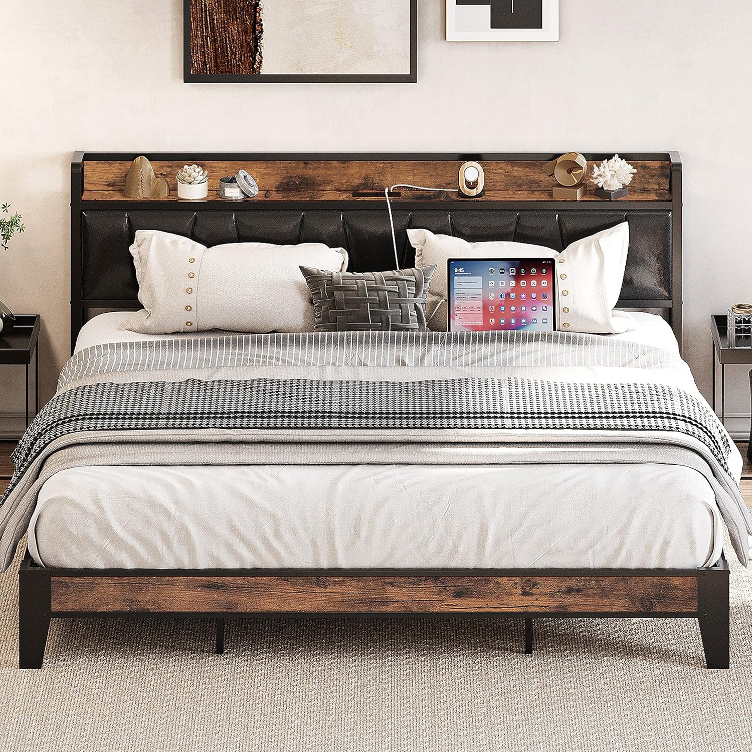 LIKIMIO King Bed Frame with Storage Headboard and Charging Station