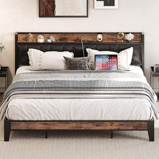 LIKIMIO King Bed Frame with Storage Headboard and Charging Station