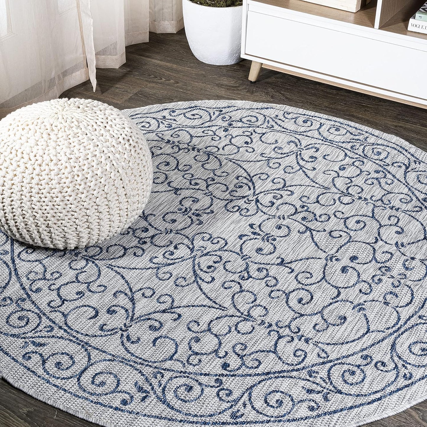 Vintage Filigree Indoor Outdoor Round Area Rug 5 Ft Gray/Navy
