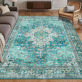 Washable Area Rug 3 ft x 5 ft Vintage Distressed Persian Mat - Teal
