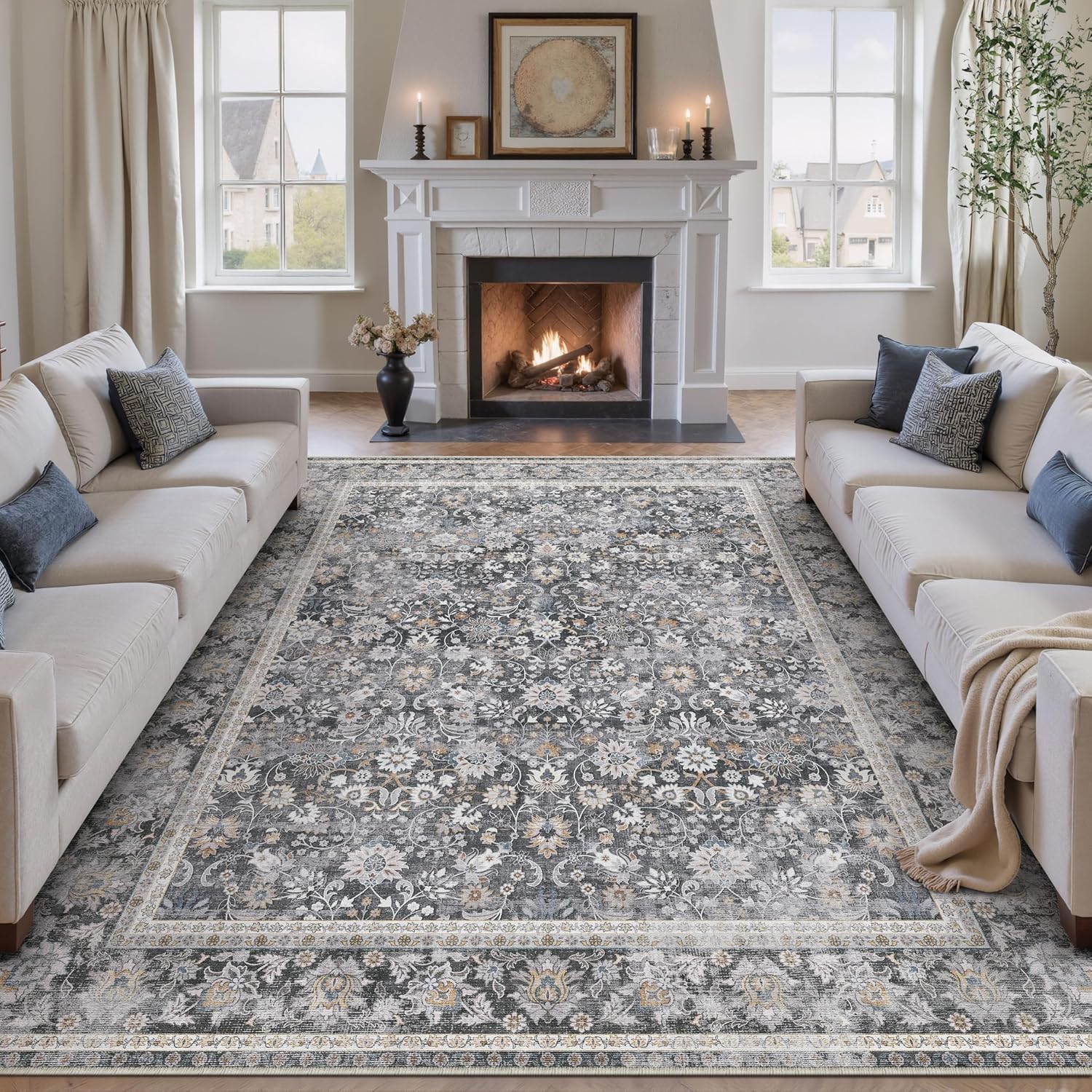 HUGEAR 6x9 Machine Washable Floral Area Rug for Home Decor