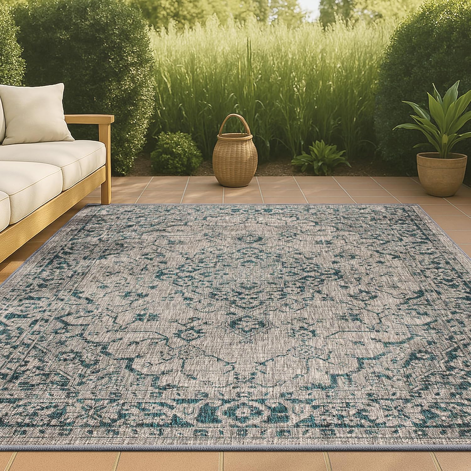 Boho Medallion Indoor Outdoor Area Rug 4X6 Gray Teal for Home