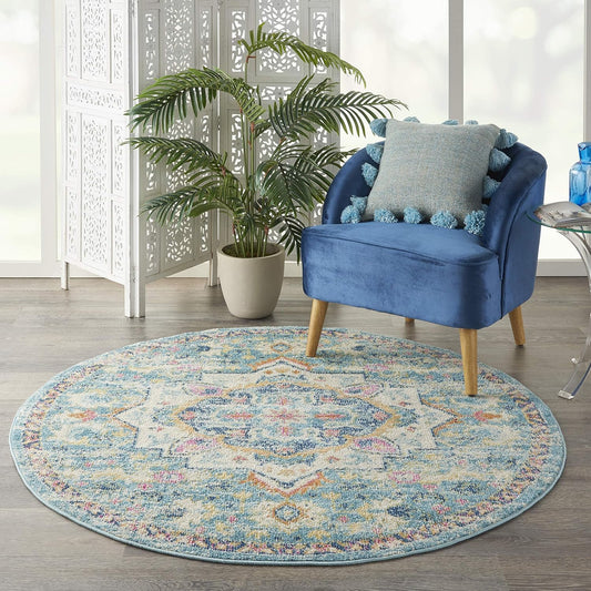 Nourison Passion Ivory/Light Blue 4ft Round Area Rug for Home