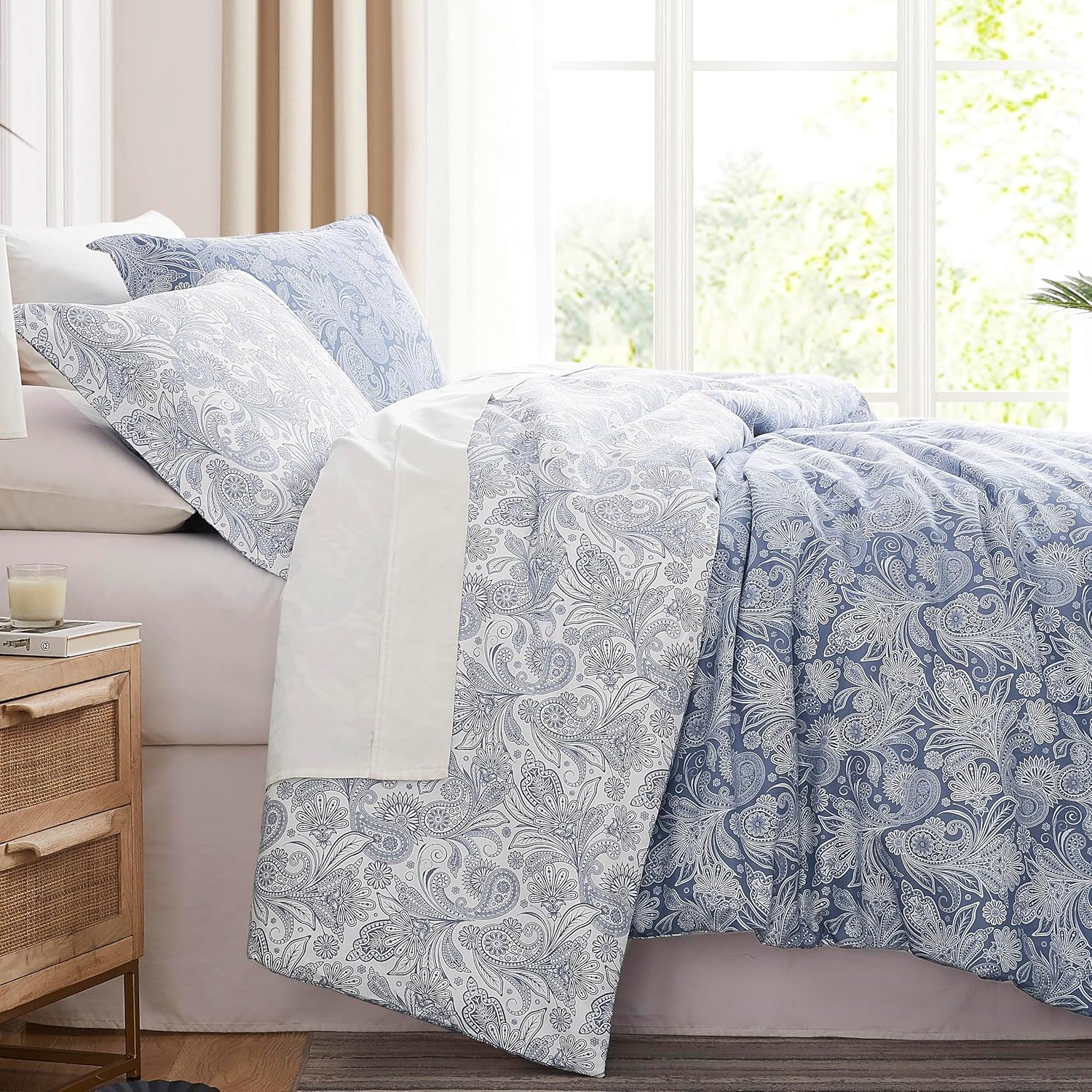 Oversized King Duvet Cover Set - Reversible Paisley Blue Bedding