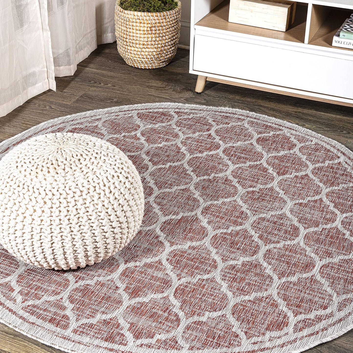 JONATHAN Y Moroccan Trellis Round Area Rug 5 Ft Red/Beige
