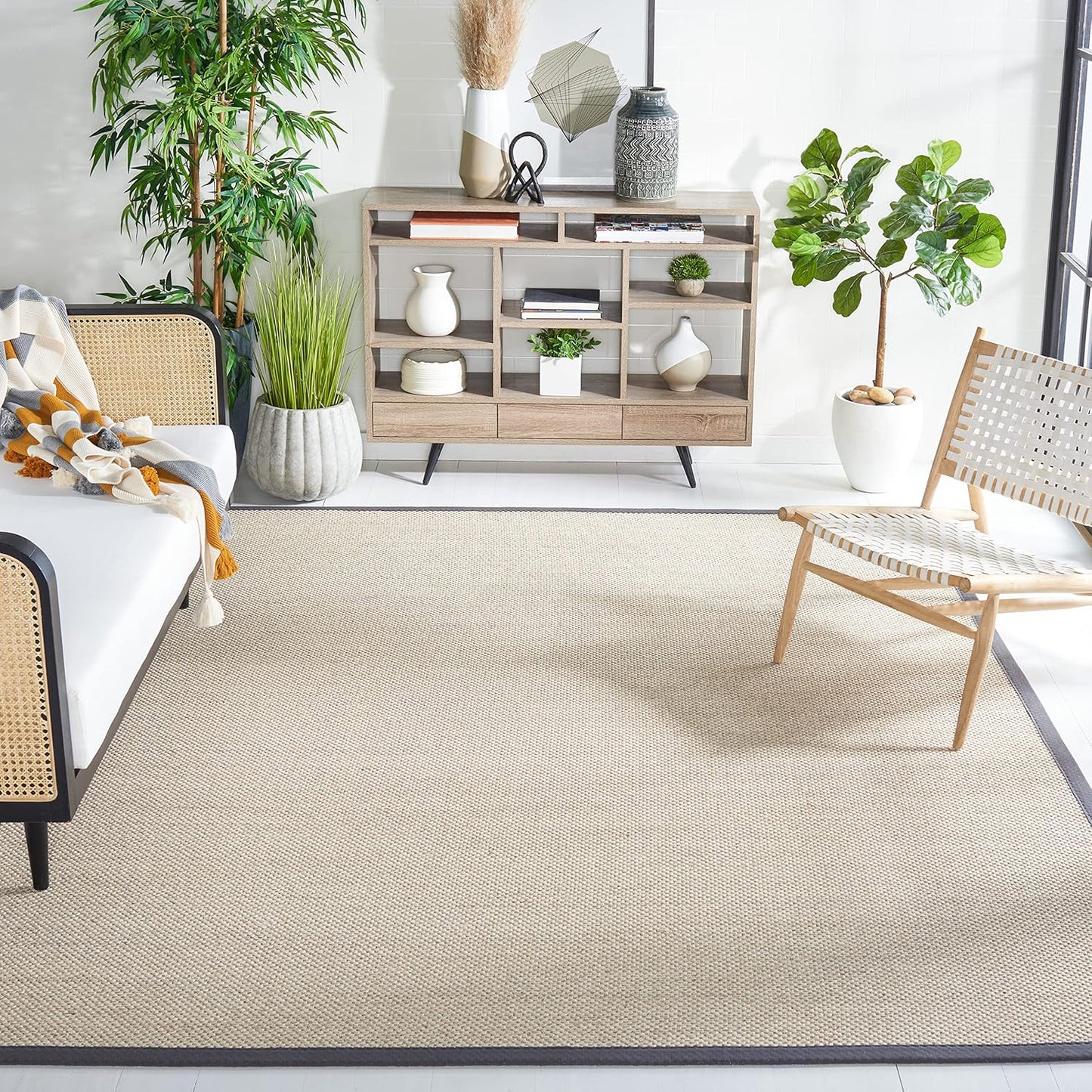 Natural Fiber Area Rug 9x12 - Marble & Black Design for Home