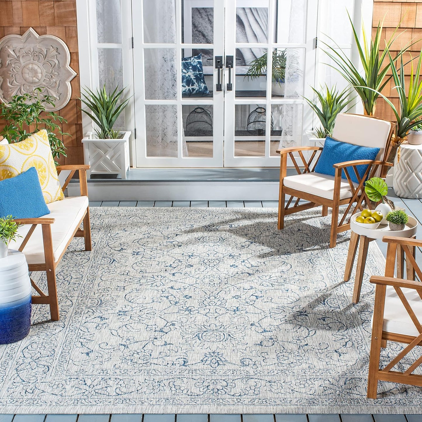 SAFAVIEH Courtyard Collection 8ft x 10ft Grey/Navy Area Mat
