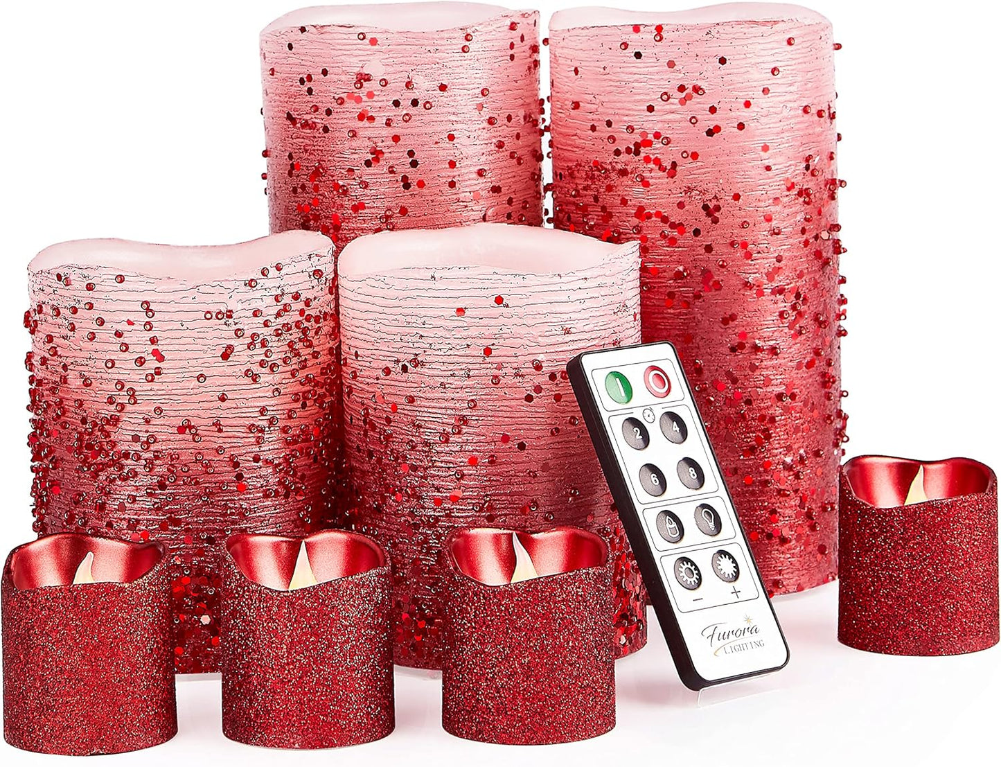 FURORA LIGHTING Red Glitter Real Wax LED Candles for Home Decor