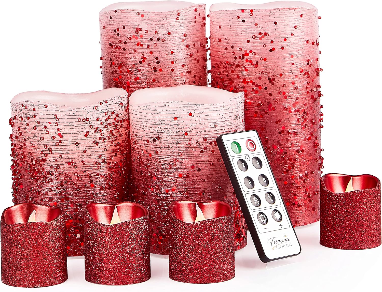 FURORA LIGHTING Red Glitter Real Wax LED Candles for Home Decor
