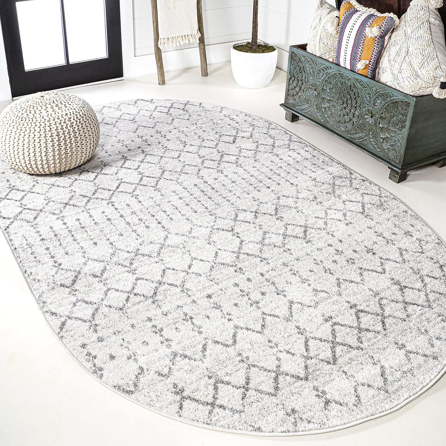 Boho Vintage Diamond Cream/Gray Oval Area Rug for Home Use