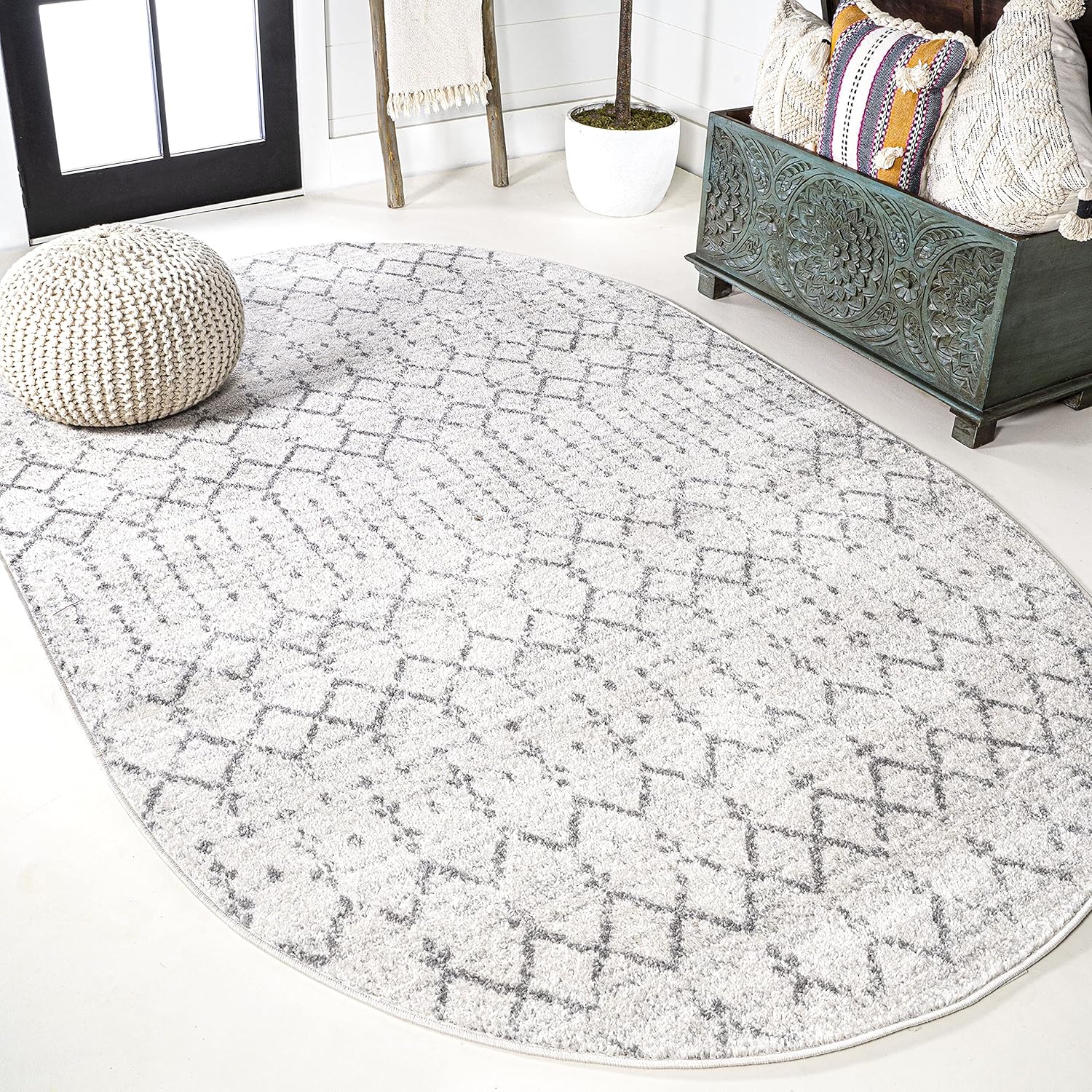 Boho Vintage Diamond Cream/Gray Oval Area Rug for Home Use