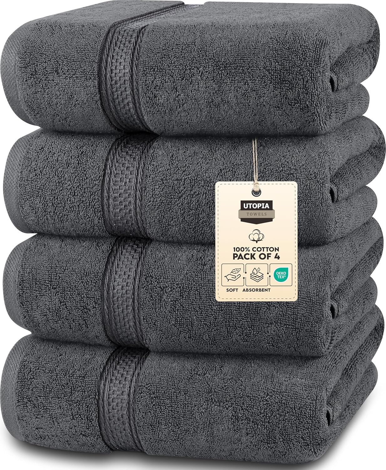 Premium Bath Towels Set of 4, 100% Ring Spun Cotton, Grey