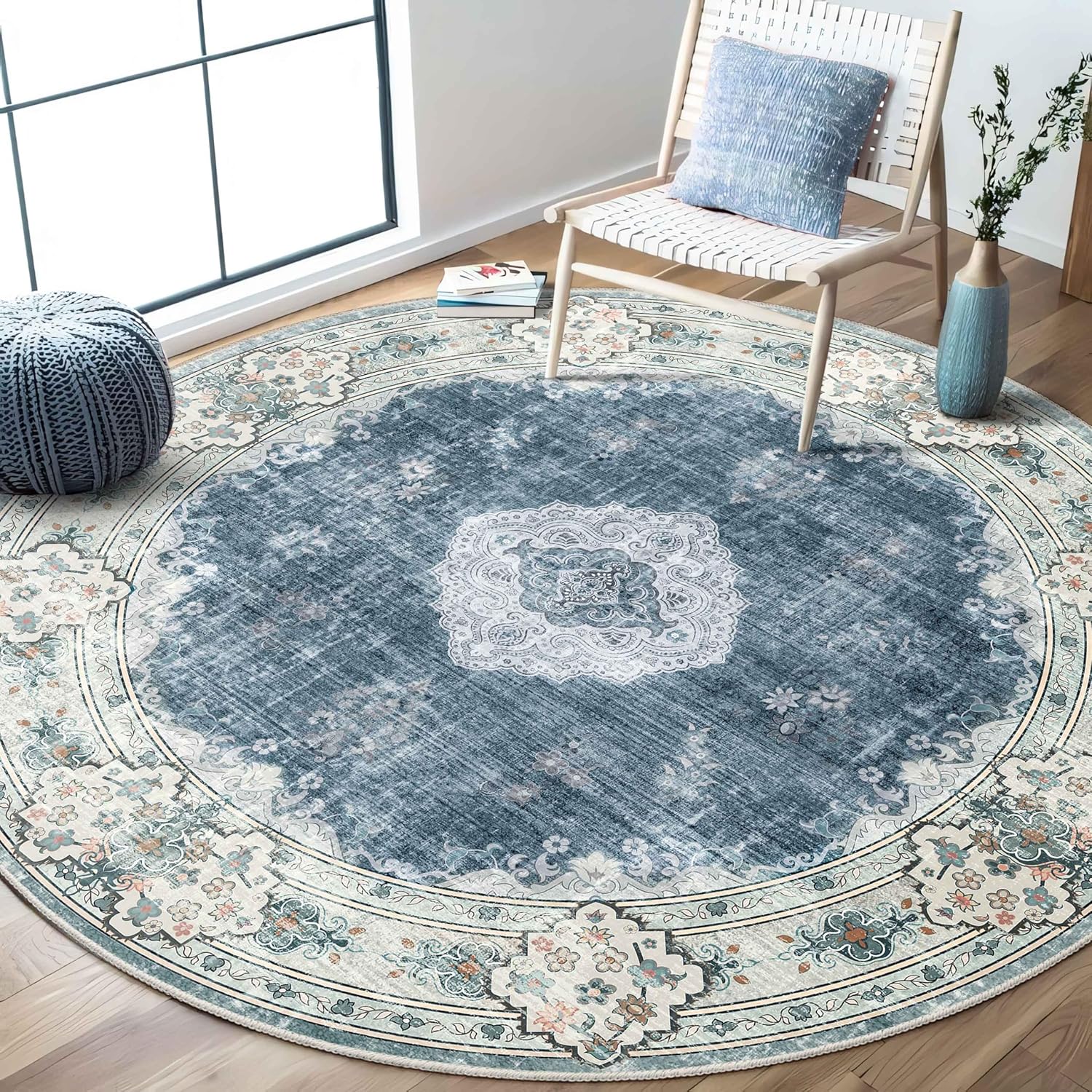 MUJOO Blue Round Rug 6ft - Stylish Non-Slip Area Rug for Home