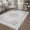 Gray Area Rug 4x5 Washable Vintage Carpet - Soft Low Pile Entryway Rug