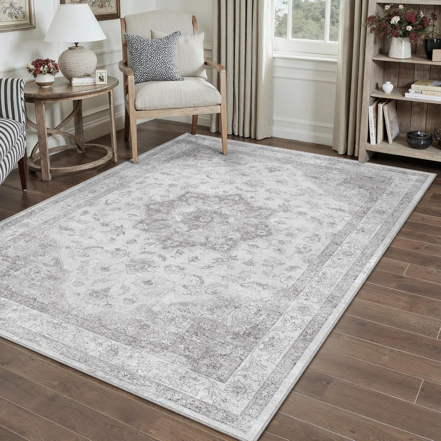 Gray Area Rug 4x5 Washable Vintage Carpet for Any Space