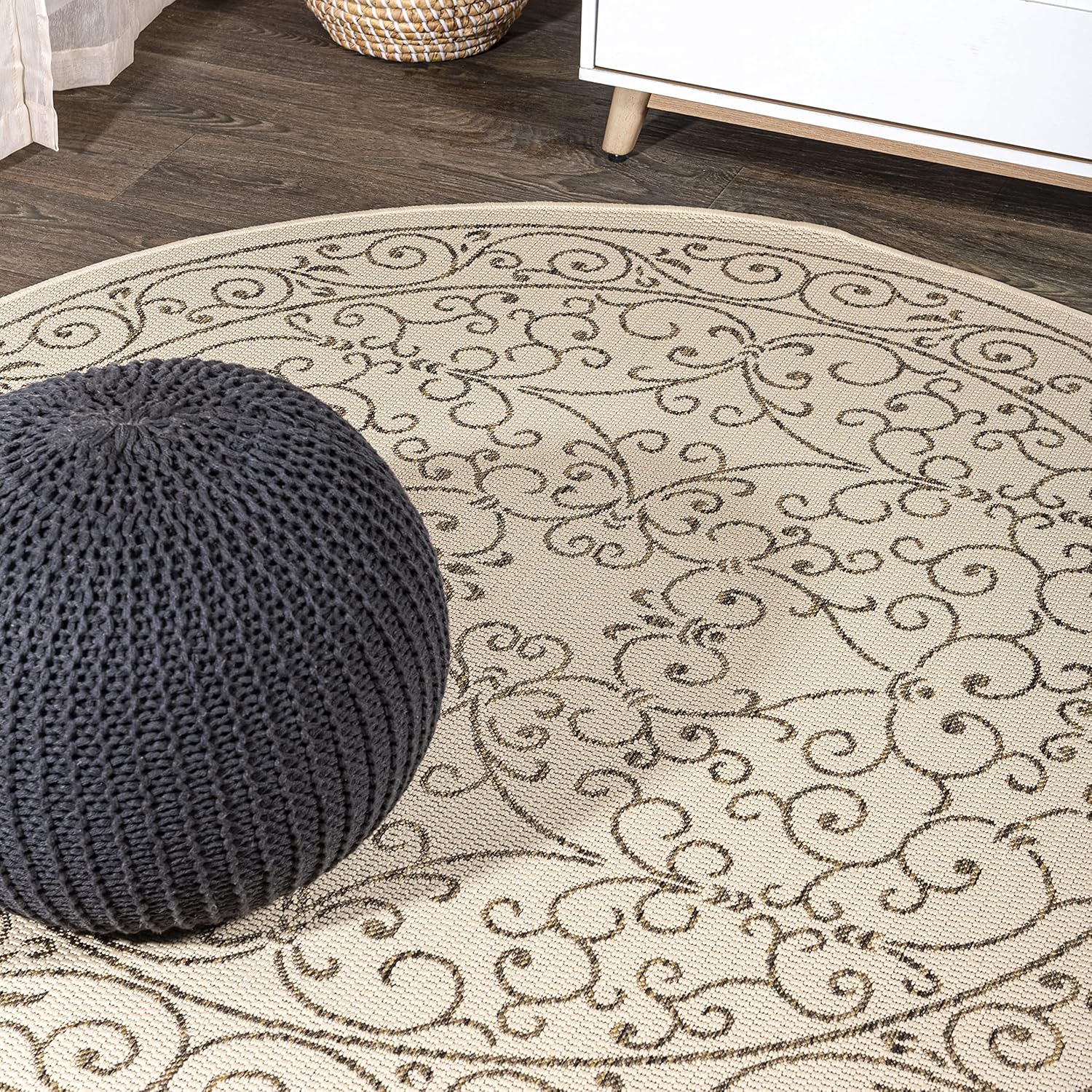 Vintage Filigree Indoor Outdoor Round Area Rug 5 Ft Beige/Brown