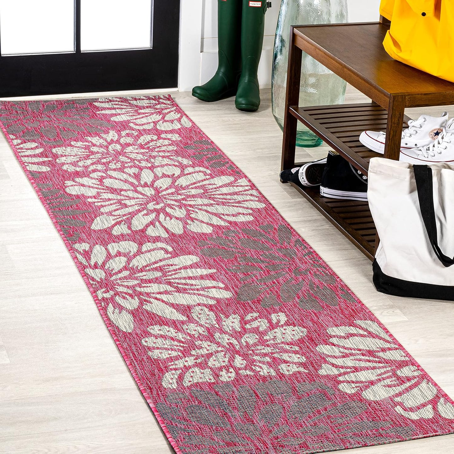 Floral Textured Weave Indoor Outdoor Runner Rug for High Traffic