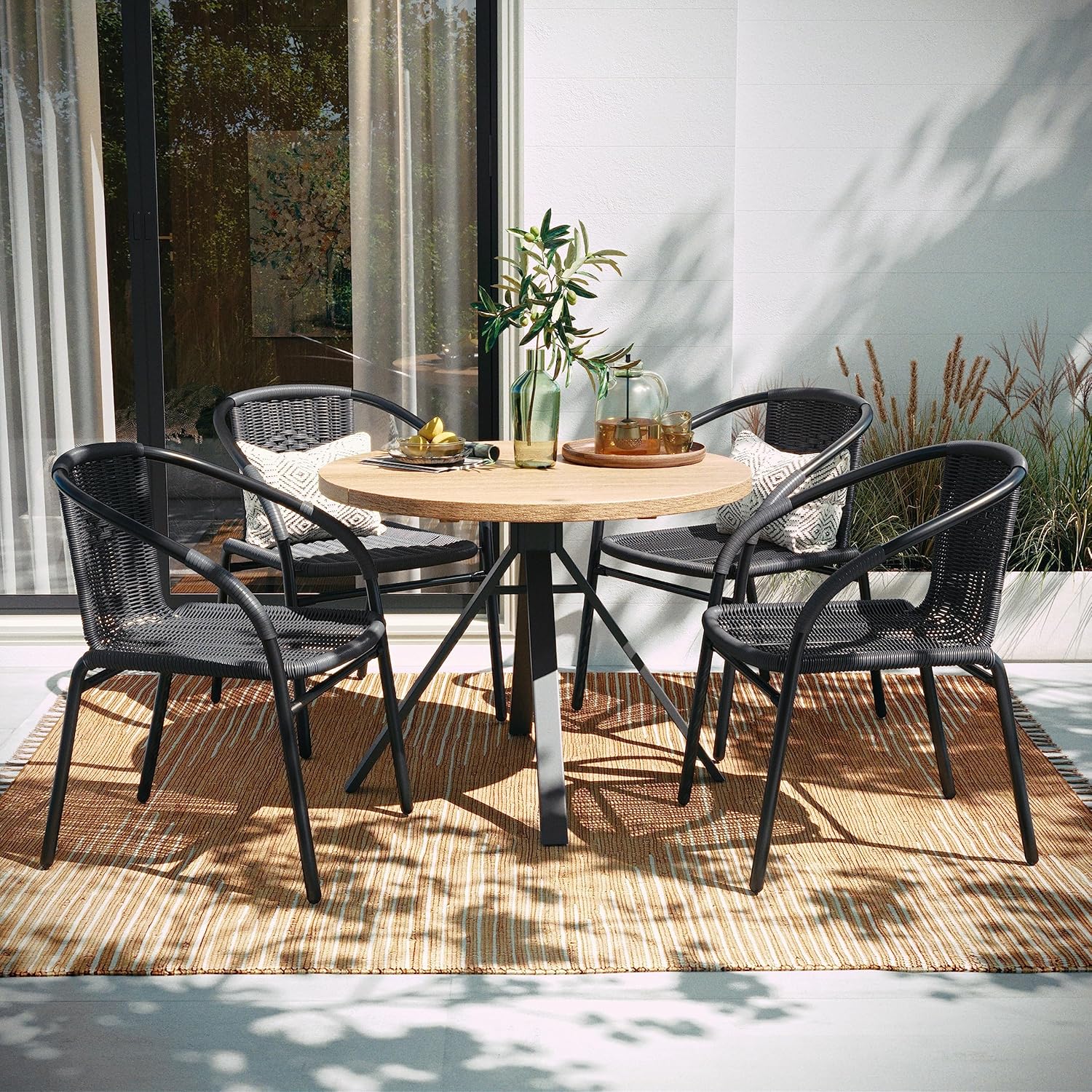 Set of 4 Modern Rattan Indoor/Outdoor Stack Chairs for Comfort