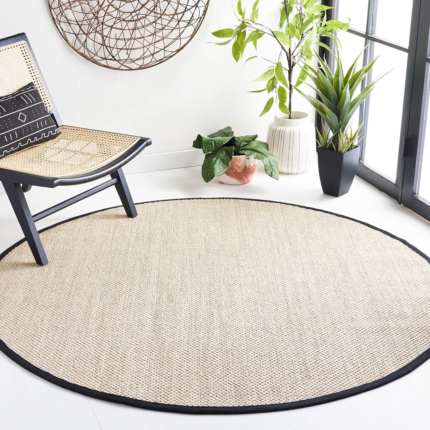 Natural Fiber Area Rug 6ft Round - Marble & Black Design