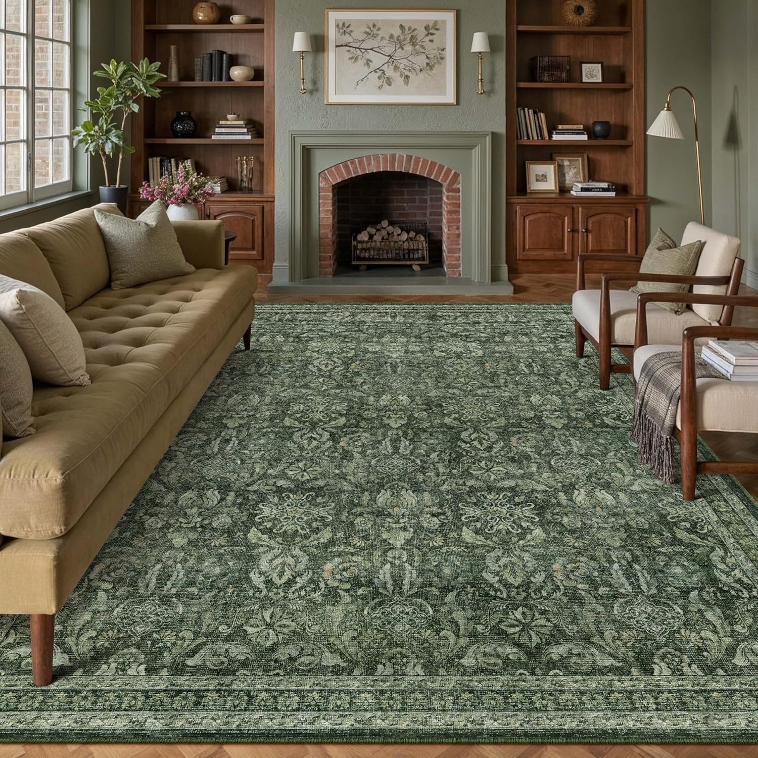 Dark Green 8x10 Area Rug for Vintage Living Room and Bedroom