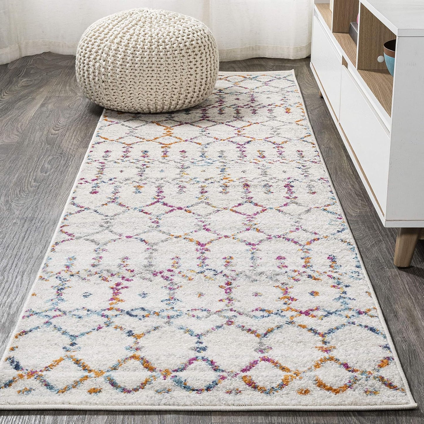 Boho Vintage Diamond Ivory/Multi Runner Rug for High Traffic