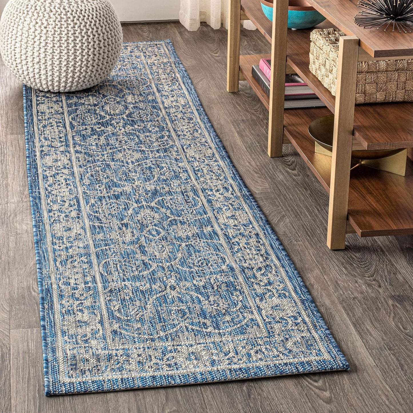 Vine & Border Indoor Outdoor Runner Rug 2X8 Navy/Gray for High Traffic